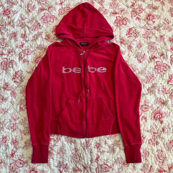 bebe Tops - Early 2000s Y2K Bebe Rhinestone Velour super soft Cherry Red Hoodie!